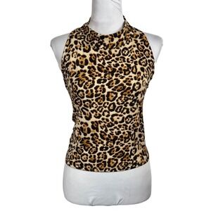 Y2K Leopard Print High Neck Knit Crop Top Size XL Stand Collar Sleeveless VTG